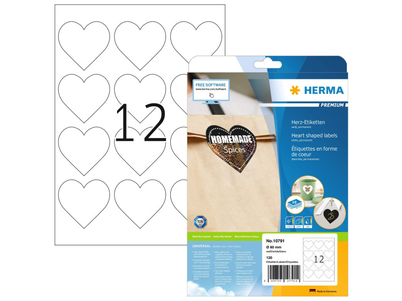 HERMA Étiquette en forme de coeur, diamètre: 60 mm, blanc