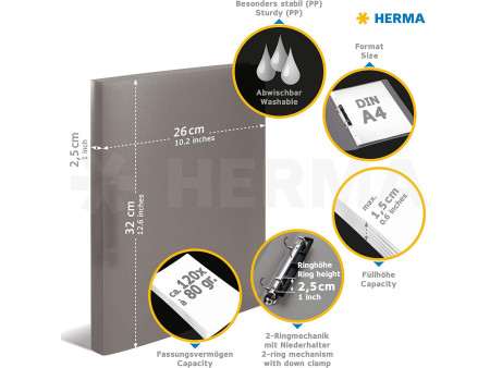 HERMA Classeur à anneaux, A4, 2 anneaux, jaune fluo
