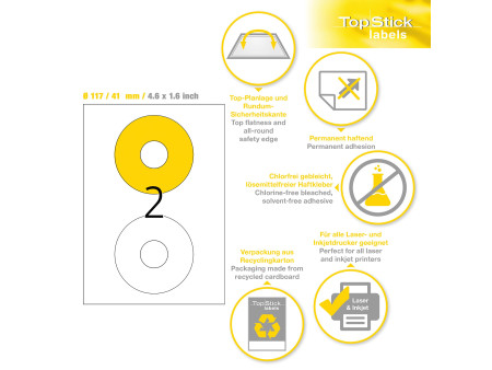 TOP STICK Etiquette CD/DVD, diamètre: 117 mm, blanc