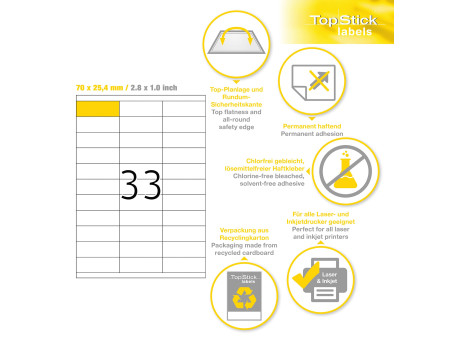 TOP STICK Etiquette universelle, 70 x 25,4 mm, blanc