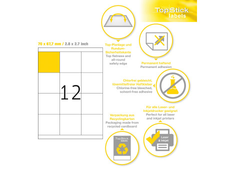 TOP STICK Etiquette universelle, 70,0 x 67,7 mm, blanc