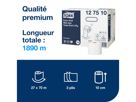 TORK Papier toilette rouleau Midi, 3 couches, 70 m, blanc