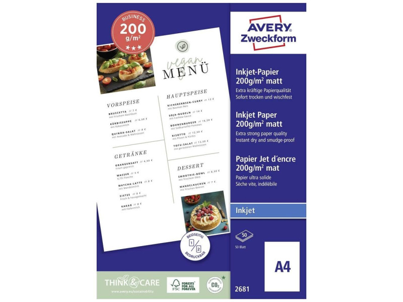 AVERY Zweckform Papier jet d'encre BUSINESS, A4, 200 g/m2