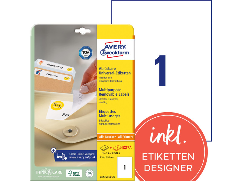 AVERY Zweckform Etiquette universelle, 210 x 297 mm, blanc
