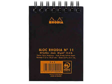 RHODIA Bloc spiralé No. 11, A7, quadrillé 5x5, noir