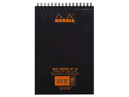 RHODIA Bloc spiralé No. 16, format A5, quadrillé 5x5, noir