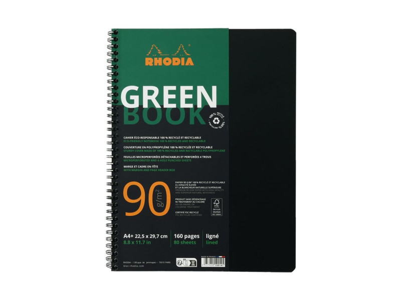 RHODIA Cahier à spirale GREENBOOK, A4+, ligné, noir