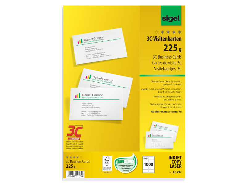 sigel Cartes de visite 3C, 85 x 55 mm, 225 g/m2, extra blanc