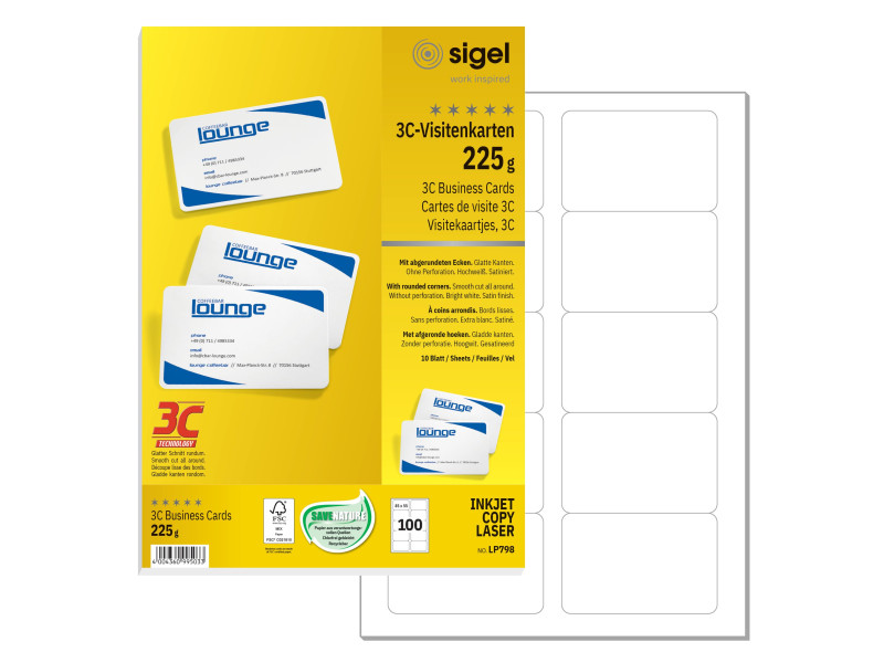 sigel Cartes de visite 3C, 85 x 55 mm, 225 g/m2, extra blanc