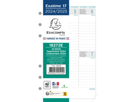 EXACOMPTA Recharge Exatime 17 SAD 16 mois, 2025/2026