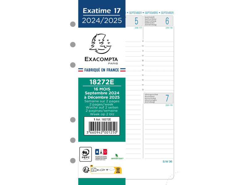 EXACOMPTA Recharge Exatime 17 SAD 16 mois, 2025/2026