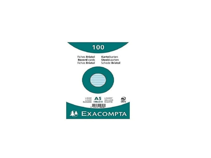 EXACOMPTA Fiches bristol, A5, ligné, bleu azur