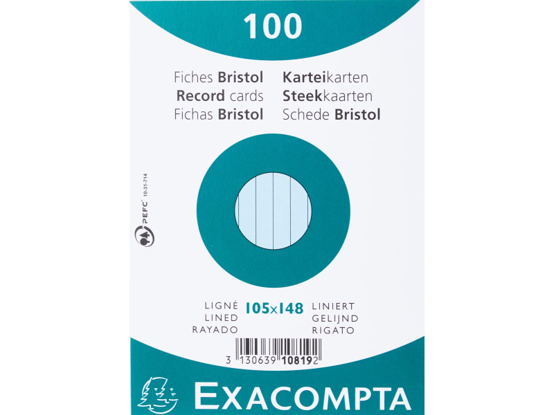 EXACOMPTA Fiches bristol, A6, ligné, bleu azur