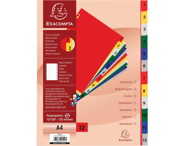 EXACOMPTA Intercalaires à chiffre, 1-12, A4, 12 touches