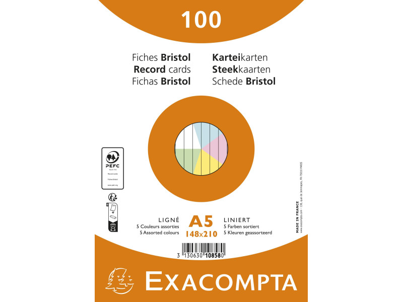 EXACOMPTA Fiches bristol, A5, ligné, assorti