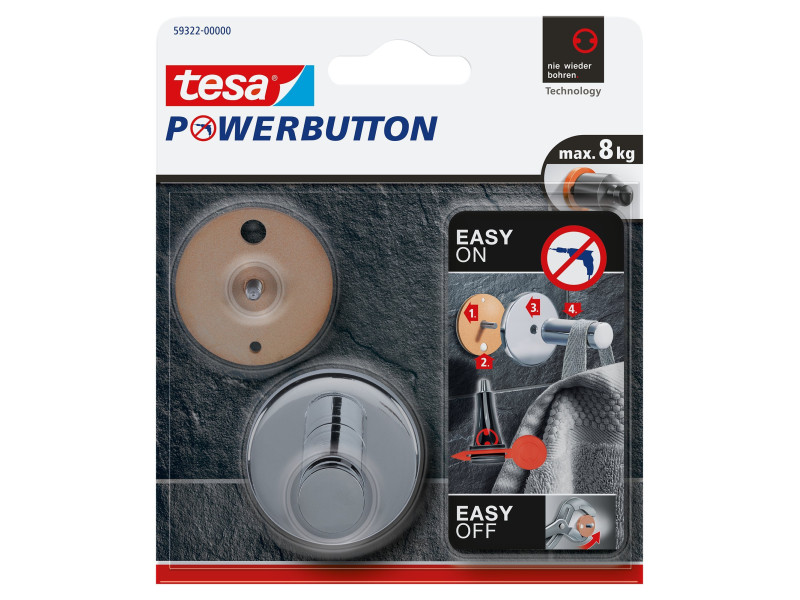 tesa Powerbutton Crochet adhésif Universal large, chrome