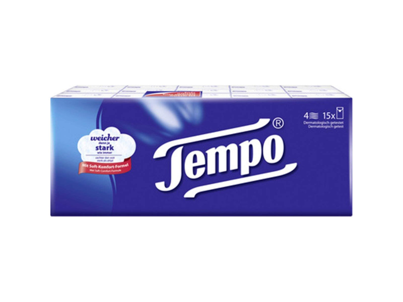 Tempo Mouchoirs Classique, 4 couches, pack de 15, blanc