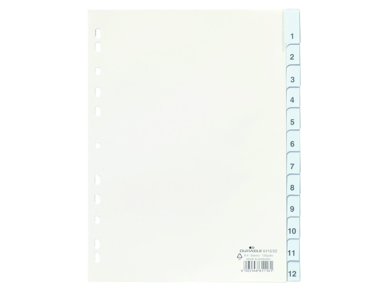 DURABLE Intercalaires mensuels plastique, A4,12 pièces,blanc