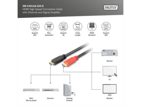DIGITUS Câble de raccordement HDMI high Speed, 10 m, noir/