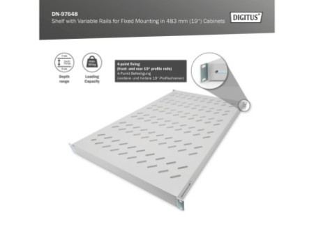 DIGITUS étagère 19', 1 U, Profondeur: 700 mm gris clair