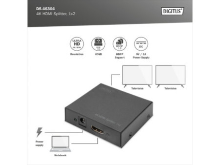 DIGITUS répartiteur 4K HDMI, 2 ports, lecture simultané,noir