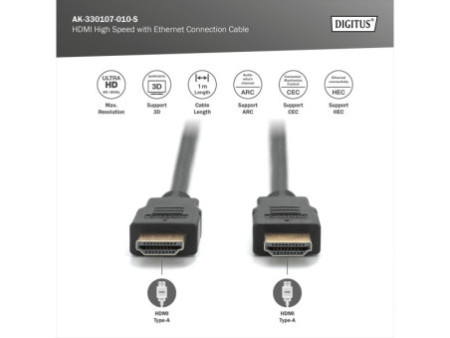 DIGITUS Câble HDMI pour moniteur, fiche mâle 19 broches, 1 m