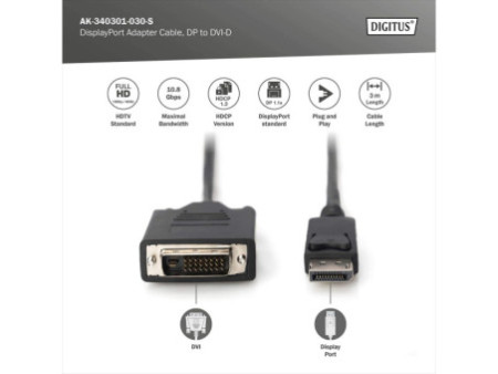 DIGITUS Câble adaptateur DisplayPort, DP - DVI-D 24+1, 3,0 m