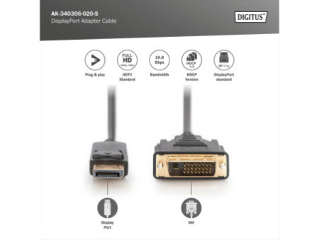 DIGITUS Câble adaptateur, DP - DVI-D 24+1, 2,0 m