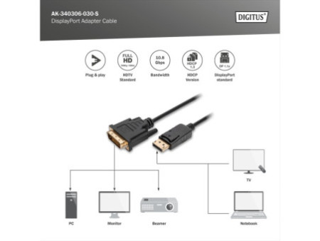 DIGITUS Câble adaptateur, DP - DVI-D 24+1, 3,0 m