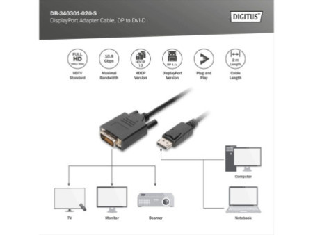 DIGITUS Câble adaptateur, DisplayPort - DVI-D, 2,0 m, noir