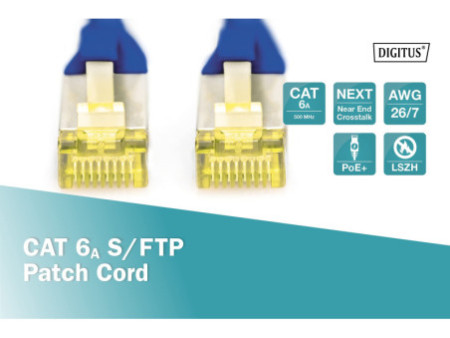 DIGITUS Câble de brassage Cat.6A, S/FTP, 0,25 m, bleu
