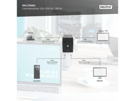 DIGITUS Ondulateur Line Interactive, 600 VA, 360 watts