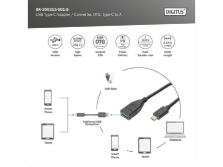 DIGITUS Câble adaptateur USB 3.0, USB-C - USB-A, 0,15 m