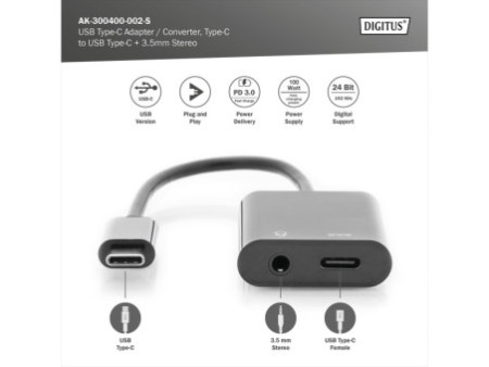 DIGITUS Câble répartiteur USB, USB-C + prise jack 3,5 mm