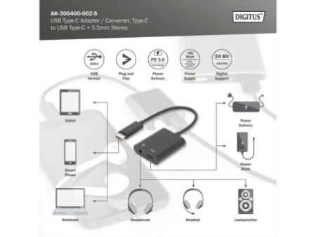 DIGITUS Câble répartiteur USB, USB-C + prise jack 3,5 mm