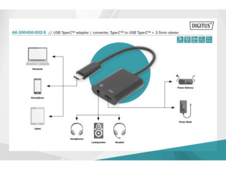 DIGITUS Câble répartiteur USB, USB-C + prise jack 3,5 mm