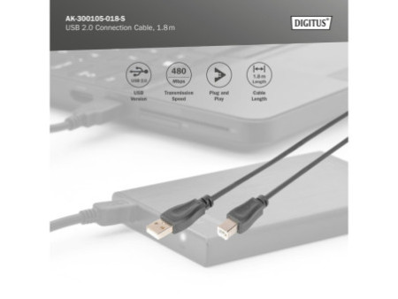 DIGITUS Câble de raccordement USB, USB-A - USB-B mâle, 1,8 m