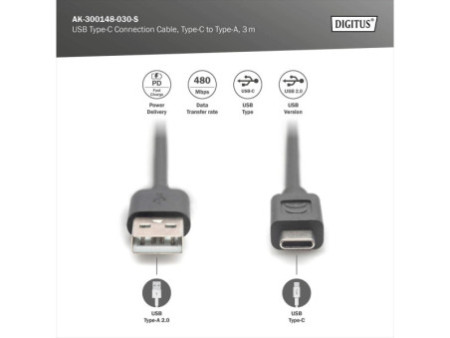 ASSMANN Câble de raccordement USB 2.0, USB-C - USB-A, 3,0 m