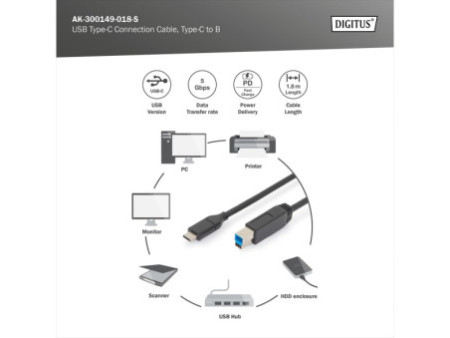 ASSMANN Câble de raccordement USB 3.0, USB-C - USB-B, 1,8 m