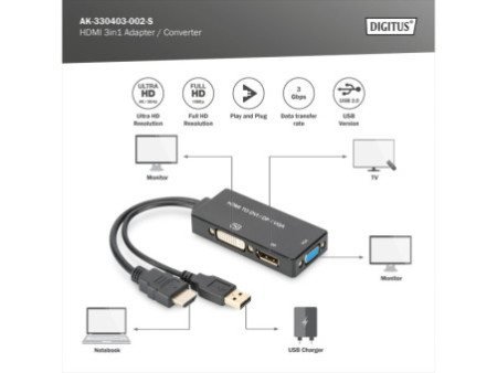 DIGITUS Convertisseur HDMI 3 en 1, HDMI - DP+DVI+VGA, 0,2 m