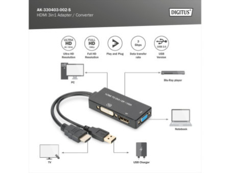 DIGITUS Convertisseur HDMI 3 en 1, HDMI - DP+DVI+VGA, 0,2 m