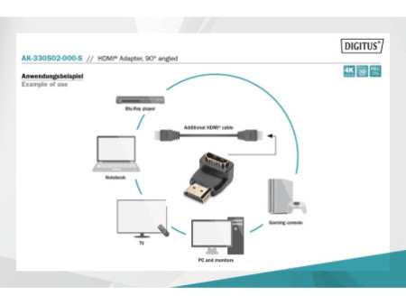 DIGITUS Adaptateur HDMI courbé à 90 degrés, HDMI-A
