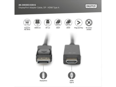 DIGITUS Câble d'adaptateur DisplayPort 1.2, DP - HDMI-A, 3 m
