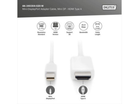 DIGITUS Câble d'adaptateur Mini Display Port, mDP-HDMI-A, 2m