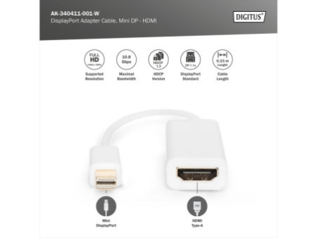 DIGITUS Adaptateur DisplayPort 1.1a, mDP - HDMI-A, 0,15 m