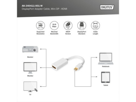 DIGITUS Adaptateur DisplayPort 1.1a, mDP - HDMI-A, 0,15 m