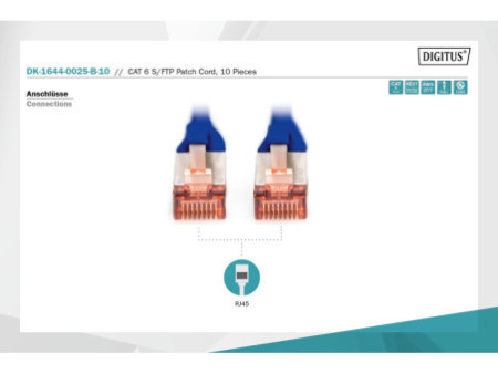 DIGITUS Câble de brassage Cat.6, S/FTP, 0,25 m, par 10, bleu