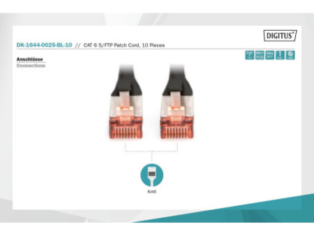 DIGITUS Câble de brassage Cat.6, S/FTP, 0,25 m, par 10, noir