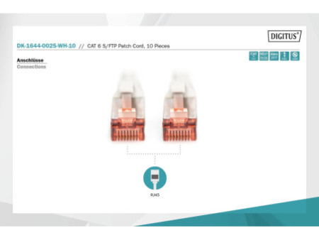 DIGITUS Câble de brassage Cat.6, S/FTP, 0,25m, par 10, blanc