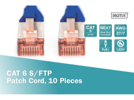 DIGITUS Câble de brassage Cat.6, S/FTP, 1,0 m, par 10, bleu